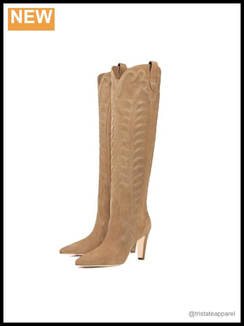 Embroidered Suede Knee High Block Heel Western Boots Pointed Toe Pull On